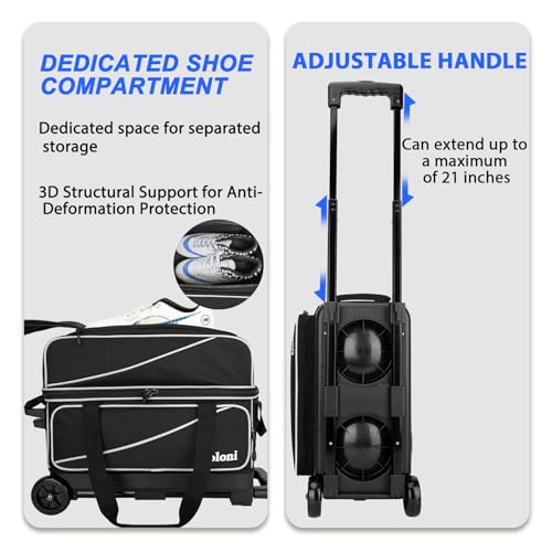 Goloni 3-Ball Bowling Bag with Wheels - Black, Double Roller with Shoe Compartment