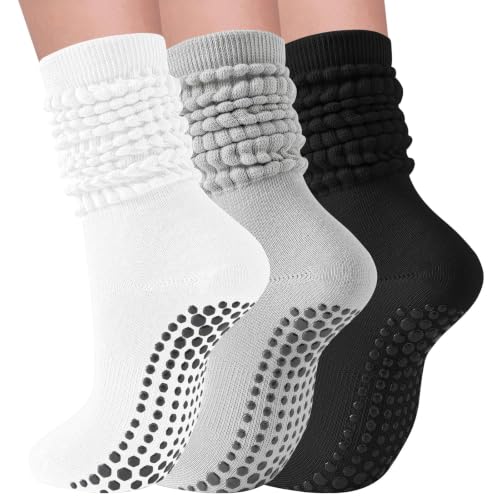 3 Pairs Non-Slip Grip Pilates Socks for Women - Long Slouchy Yoga & Workout Socks, White/Black/Light Grey, One Size