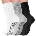 3 Pairs Non-Slip Grip Pilates Socks for Women - Long Slouchy Yoga & Workout Socks, White/Black/Light Grey, One Size