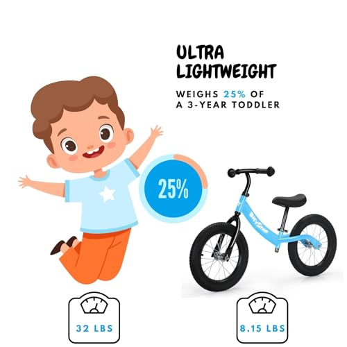 Kids Balance Bike 14 Inch with Rubber Air Tires - Blue, Adjustable Seat & Lightweight