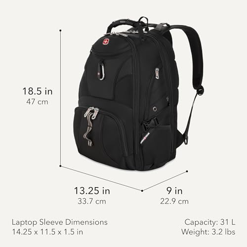 SwissGear 1900 ScanSmart Laptop Backpack 17-Inch Fits 18.5-Inch, TSA-Friendly, RFID Protection, Black, 31L