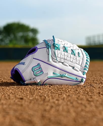 Fastpitch Softball Gloves 11.75 Inch Infield/Pitcher Right Hand Throw White Purple Seafoam