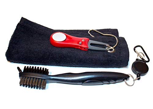 Golf Cleaning Brush Divot Tool Towel Combo (Black Brush Red Divot Tool)