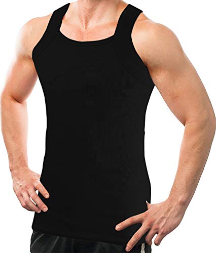 Large Black Cotton Tank Top for Men - Square Cut Muscle Rib A-Shirt