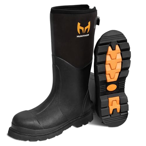 Hunthor Black Steel Toe Rubber Work Boots - Puncture-Proof Safety Shoes, Steel Shank, Size 7