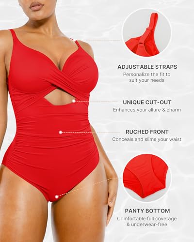 SHAPELLX Large Red Tummy Control One-Piece Swimsuit Women V-Neck Ruched Push-Up Slimming Bathing Suit with Built-in Bra