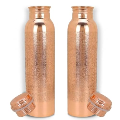 Natural Copper Water Bottle Pack of 2 - 1000ml Pure Copper Hydration Bottle for Yoga, Sports, and Travel