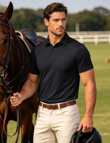 Men's Short Sleeve Performance Polo Shirt - Medium Black, 3 Button Casual Golf Collared Top