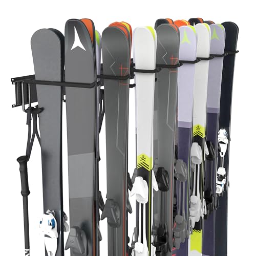 Ultrawall Wall-Mounted Ski Rack with 8 Adjustable Hooks, Holds 16 Pairs of Skis