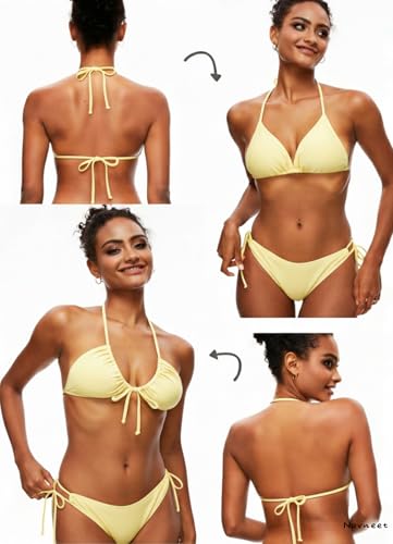 Women Halter String Triangle Bikini Top - Large Yellow Swimwear