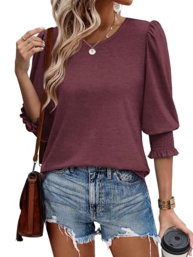 Women’s Dressy Casual Blouses with Smocked Cuffs - Burgundy, Large, 3/4 Sleeve Top