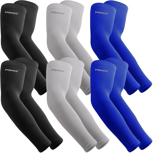 UV Sun Protection Arm Sleeves 6 Pairs Compression Sport Sleeves Men Women - Black, Gray, Blue