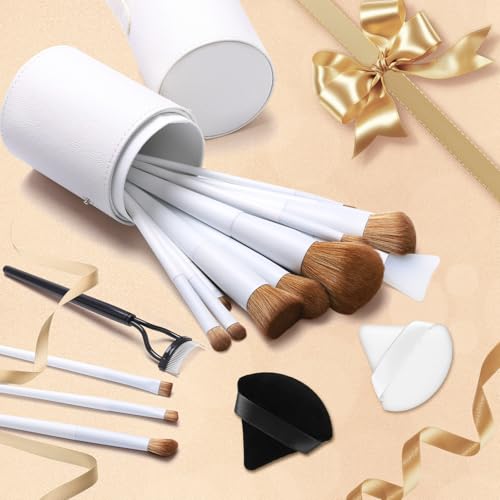 Pearl White Makeup Brush Set with Case - 20 Professional Brushes & Puffs