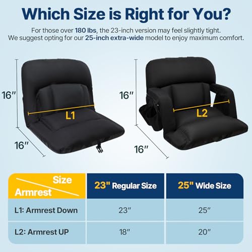 DEKEMASTER 23-Inch Stadium Seat with Back Support, Black, Foldable, Sofa-Style Comfort