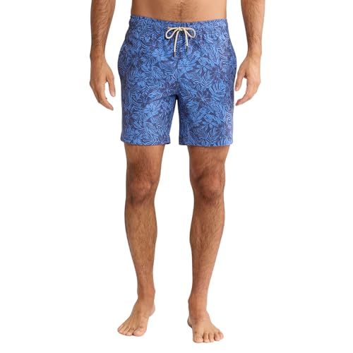 Fair Harbor Bayberry Men's Swim Trunks with Liner - 7-inch Inseam, Anti-Chafe, Classic Fit, Large Island Blue Leaves