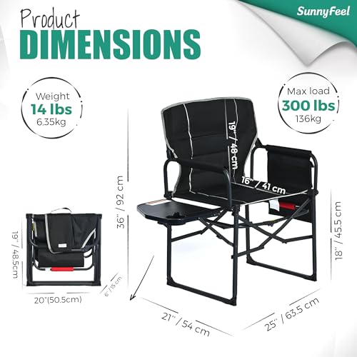 SUNNYFEEL Black Oversized Camping Director Chair with Side Table & Dual Pack