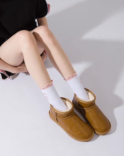 Cute Ruffle Pilates Grip Socks - Non Slip Crew Socks for Women, 3 Pack in Red Pink Brown - One Size