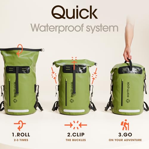 Earth Pak 55L Green Waterproof Hiking Backpack Roll-Top Dry Bag & Phone Case