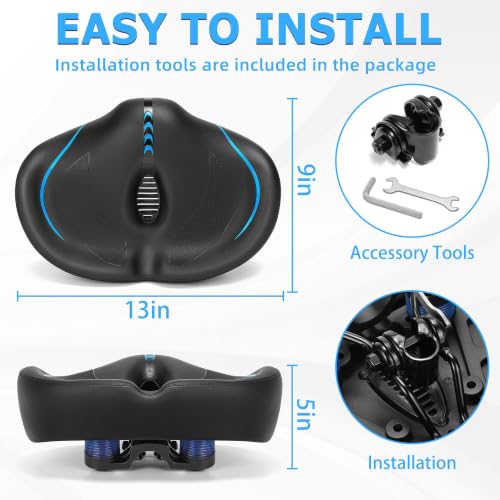 CDYWD Noseless Oversized Bike Seat Blue - Extra Wide Padded Bicycle Saddle for Comfort