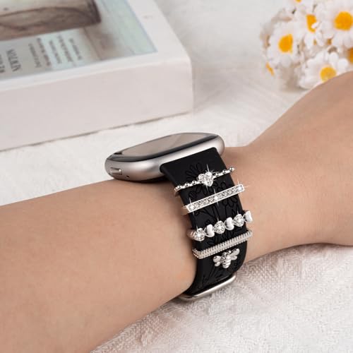 Silicone Sport Watch Band with Charms for Fitbit Versa 4/3 Sense 2 - Black + Silver Bee Charm