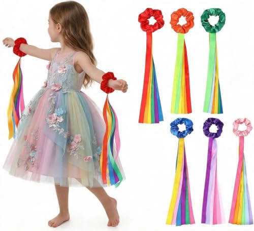 Rainbow Dance Ribbon Wristbands - Multi-Colored 6pcs, Kids & Teens