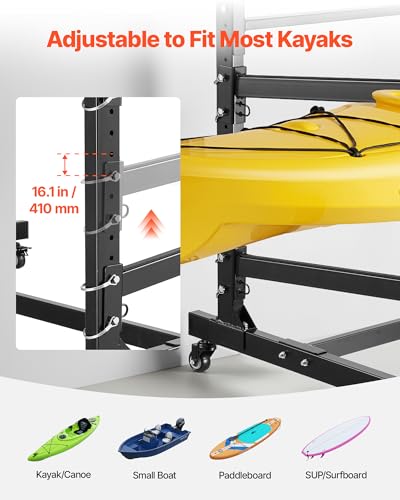 Heavy Duty Kayak Storage Rack for 3 Kayaks - Black, Adjustable & Lockable Wheels
