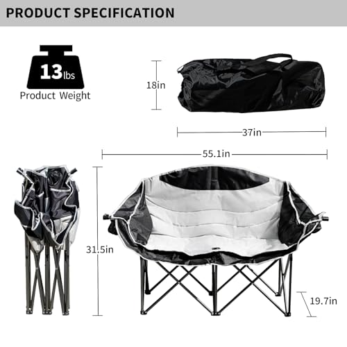 AERGERGER Double Camping Chair for 2 People - Heavy Duty Folding Loveseat with Cup Holders