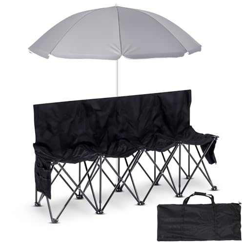 4-Seat Folding Soccer Bench with Umbrella - Portable Outdoor Seating, Black & Gray