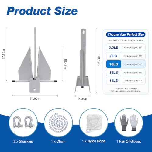 10 lb Zinc-Nickel Fluke Boat Anchor Kit with Rope and Accessories - For 16-26Ft Vessels