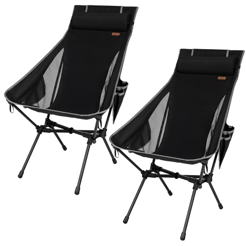 Black 2-Pack Portable Folding Camping Chairs with Adjustable Pillow & Heavy-Duty Support