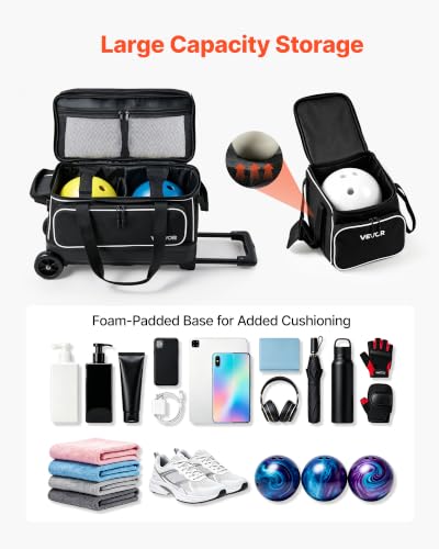 VEVOR Black 3-Ball Bowling Bag Double Roller with Shoe Compartment
