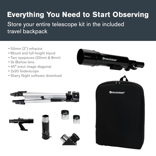 Celestron Travel Scope 50mm Refractor Telescope with Backpack & Tripod – Beginner Astronomy Kit