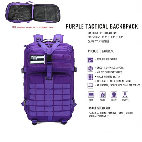 Military Tactical Backpack 45L with Purple Variation, Molle Large Hiking Bag