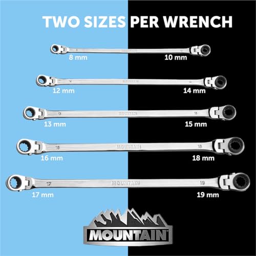 Mountain RM6 8-18mm 5-Piece Metric Double Box Universal Spline Reversible Wrench Set - Extra Long, 90 Tooth, 4° Swing Arc