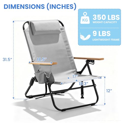 Canpsky Portable Camping Chair with 5-Position Recline & Wooden Armrests - Light Grey