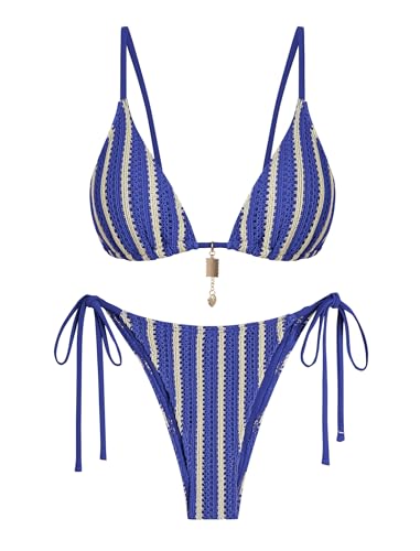 Women's Crochet Bikini Set Medium Blue Boho Swimsuit Thong