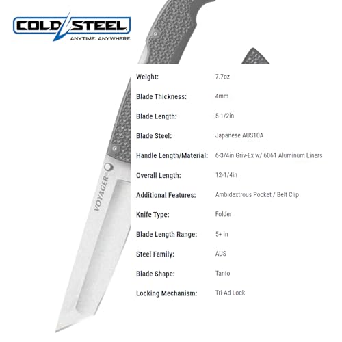 Cold Steel XL Voyager Tanto Point Folding Knife 5.5" AUS10A Blade, Rugged EDC