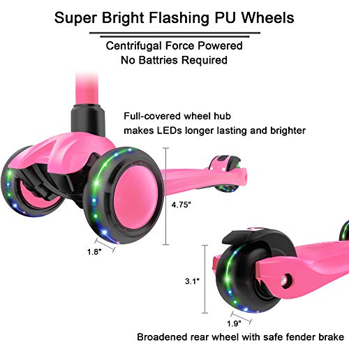 Allek Kick Scooter B03 for Kids - Rose Pink, Adjustable Handlebar, Light-Up Wheels