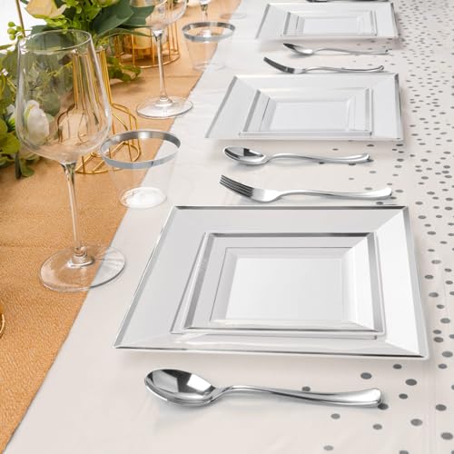Goodluck 352-Piece Silver Square Plastic Dinnerware Set for 50 Guests - Elegant Party Plates & Tableware