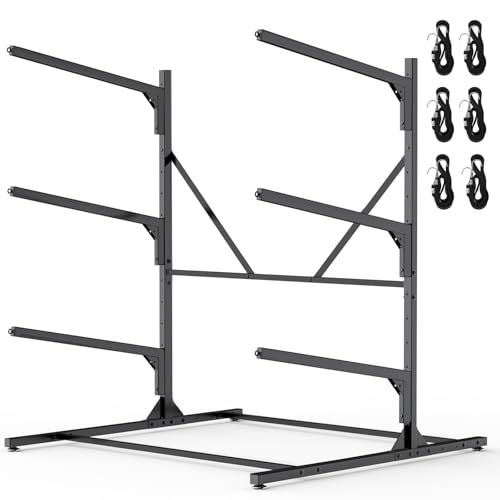 Heavy Duty Freestanding Kayak Rack for 3 Kayaks, Canoes & Paddle Boards - Adjustable Storage Stand - Outdoor & Garage Organization