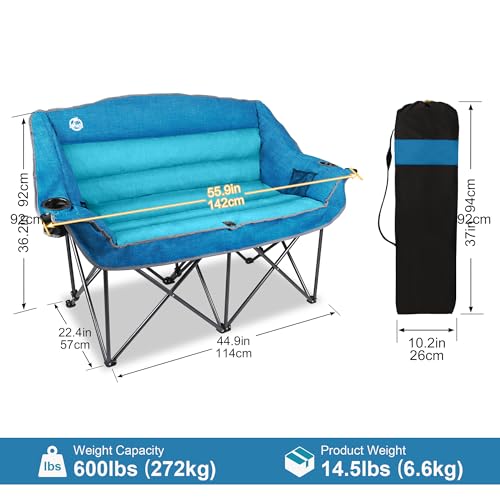 Oversized Double Camping Chair with Cup Holders & Carry Bag - Blue - Supports 600lbs - Fully Padded Loveseat - Heavy Duty Folding Duo Seat Variation L