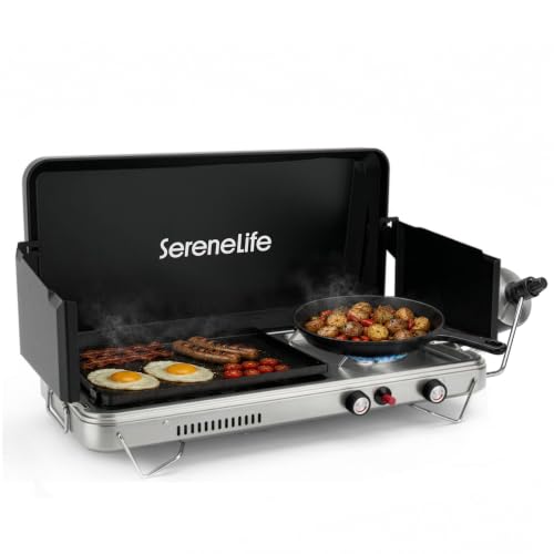 Portable Camping Stove with Griddle Combo, 2 Burners, 10000 BTU & 5000 BTU