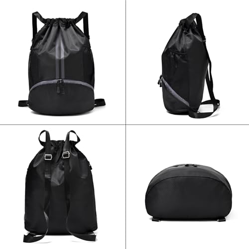 Black Drawstring Gym Bag for Men and Women Waterproof Sport Backpack with Shoes Compartment