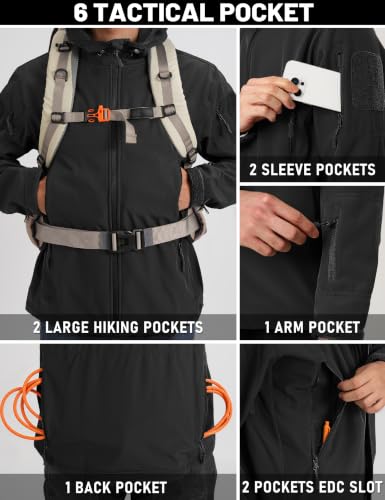 Men's Fleece Softshell Jacket Waterproof Winter Tactical Hooded - Large, Black