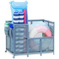 Pool Storage Bin with Locking Wheels - Large Mesh Pool Organizer for Floats and Toys - Stone Blue