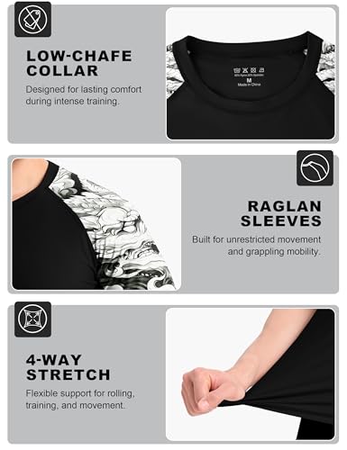 Roadbox Men's BJJ Rash Guard Short Sleeve - XX-Large Black with White Dragon, UPF 50+ MMA Swim Shirt for Surfing