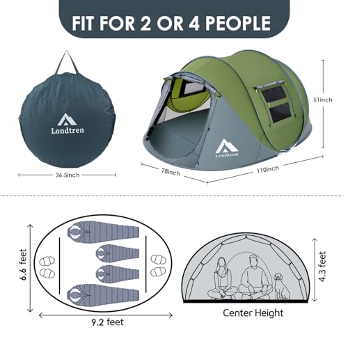 Londtren 4-Person Green & Grey Waterproof Pop-Up Family Tent with 2 Doors, Instant Setup for Camping Hiking