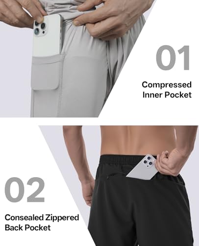 Men's 2-in-1 Running Shorts 5 Inch Gym Athletic Workout Shorts with Liner & Zipper Pockets - 3 Pack, Large - Black, Dark Grey, Light Grey