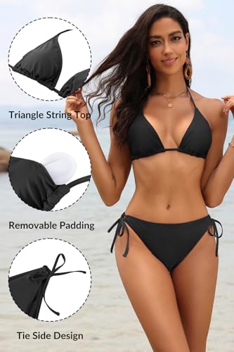 Tempt Me Women Triangle Bikini Set Small Black Tie Side Bathing Suit