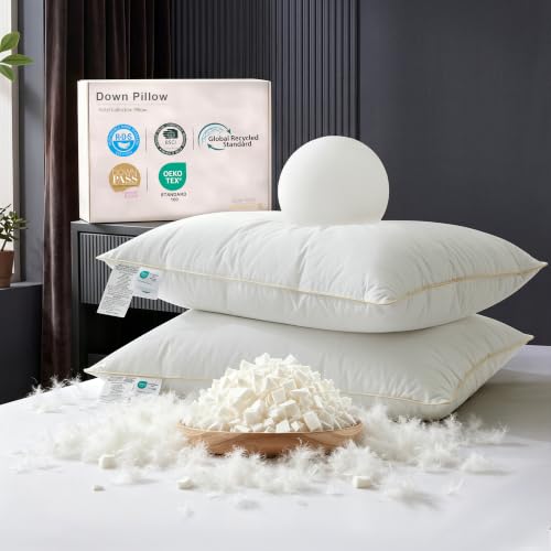 FARINA Queen Size Goose Feather Down Pillows Set of 2 with 600T Cotton Cover